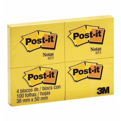 BLOCO ADESIVO LEMBRETE 38X50 AMARELO PCT/4 100F - POST-IT 3M