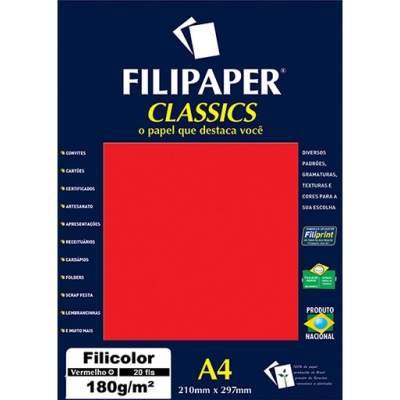 PAPEL FILICOLOR A4 VERMELHO 180G (UNIDADE) - FILIPAPER