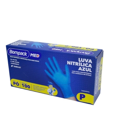 LUVA NITRILICA S/ PO AZUL N/ CIRURGICA CX/100 P - BOMPACK